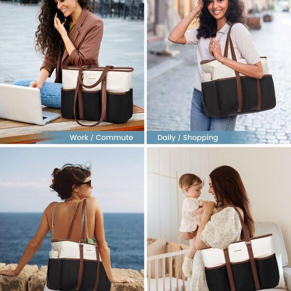 Brand New Multi-Pocket Work Tote Bag 15.6in Black-Beige-Brown Zipper - Picture 6 of 9